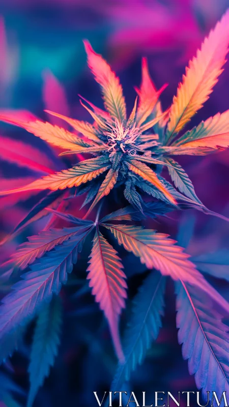 Cannabis plant is shown under multicolor gradient lighting