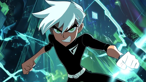 Electric-haired teen hero racing through a neon ghost city.