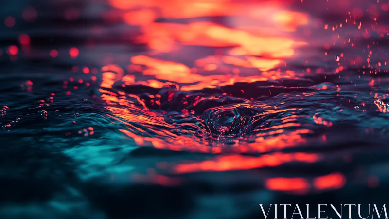 Neon reflections on rippling water surface at close range.