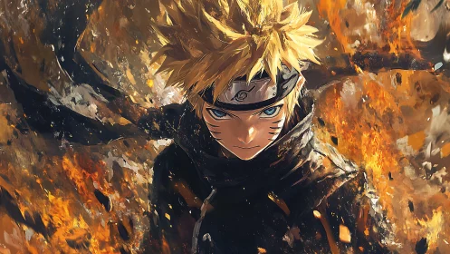 Determined anime ninja strides through blazing inferno.
