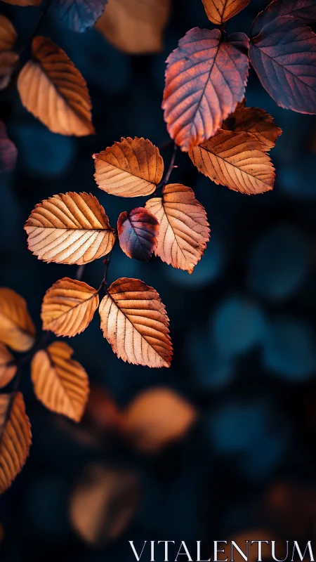 Macro study of rust-toned leaves with cool bokeh isolation.