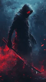 Shrouded cyber assassin with bloodlit katana in storm.