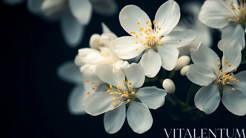 Delicate White Flowers with Golden Stamens Against Dark Background.