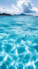 Shimmering tropical seawater under distant island clouds.
