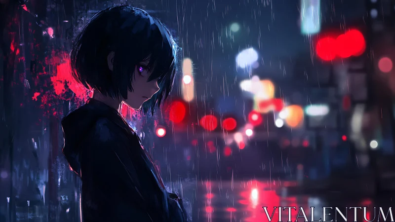 Midnight rain crowns a violet-eyed loner in neon hush
