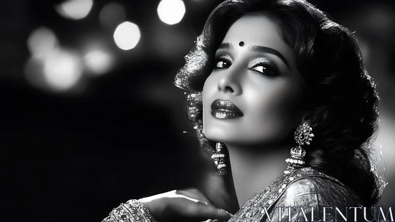 Monochrome cinematic portrait with luminous bokeh accents.