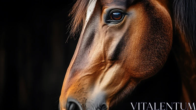 Close-up portrait of brown horse head with dark background.