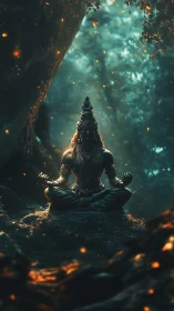 Meditating figure in forest clearing with glowing particles.