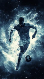 Cosmic soccer striker charges through swirling stardust field.