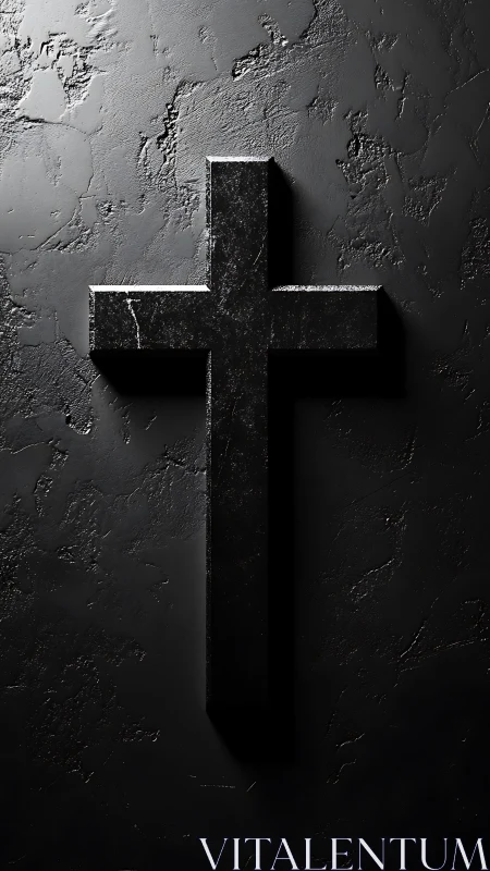 Black stone cross on textured dark plaster wall.