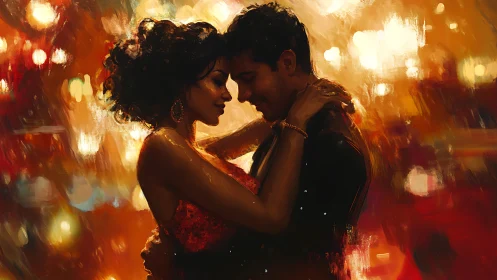 Two figures in proximity with warm bokeh lighting.