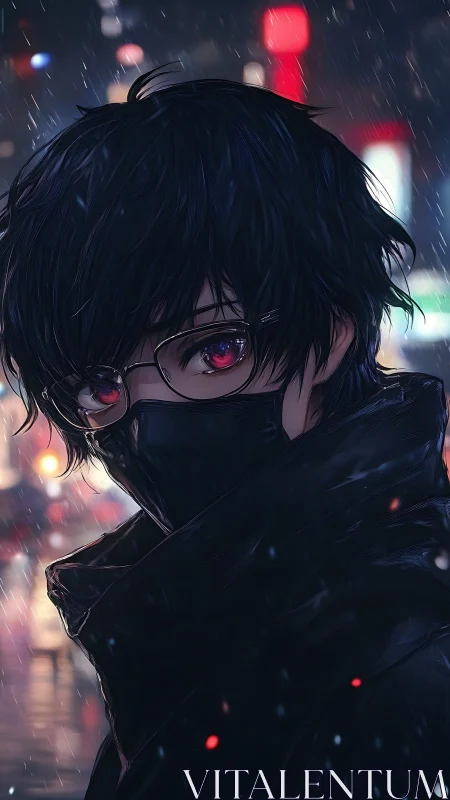 Midnight wanderer with red eyes in a rainy neon city.