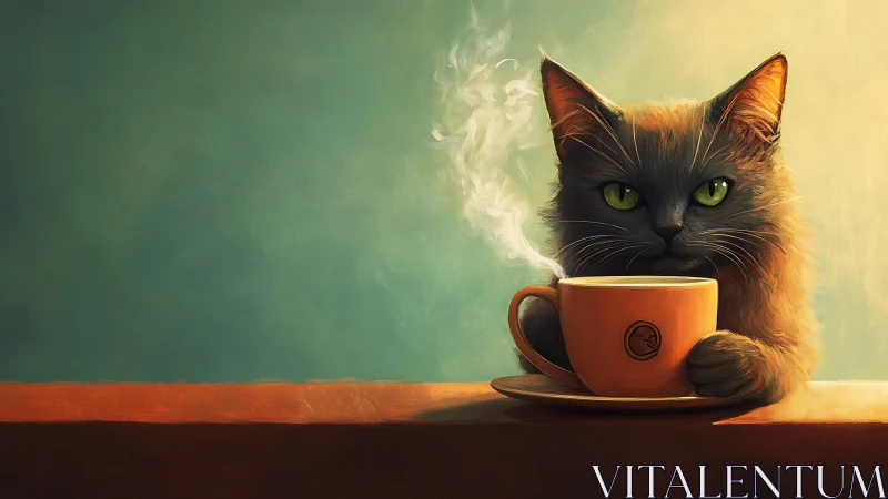 Black Cat Holding Steaming Orange Coffee Cup