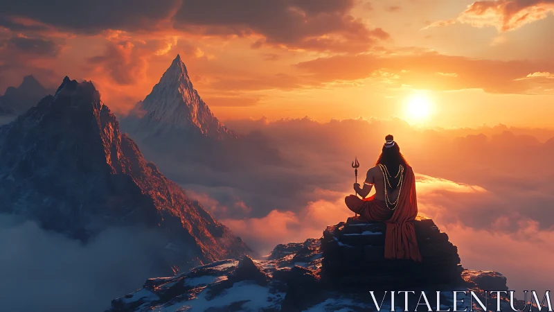 Hindu ascetic overlooking sunlit alpine peaks at golden hour