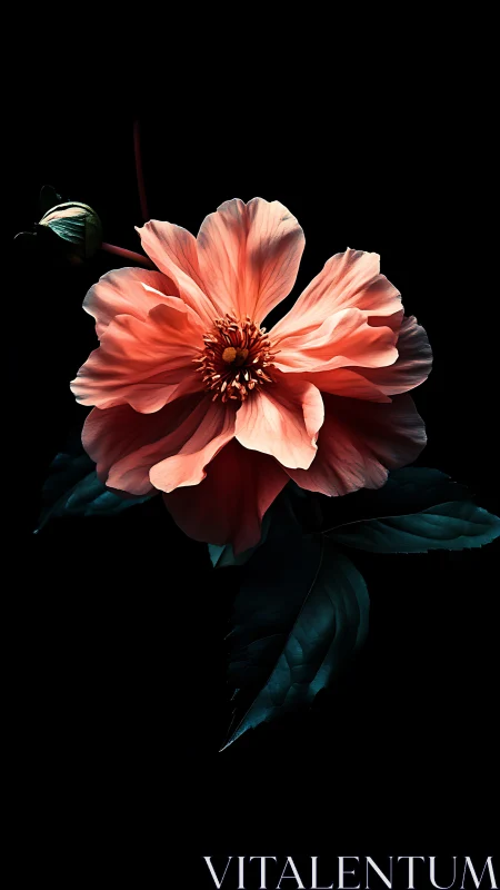 Coral Peony in Shadow: Radiant Bloom Against Darkness.