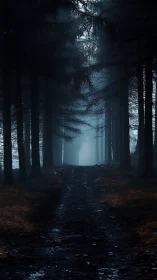 Misty Forest Path Through Towering Conifers.