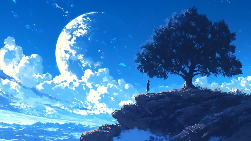 Solitary child beneath vast lunar sky and oak silhouette.