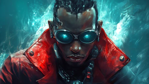 Stormlit cyber renegade in crimson coat and neon haze.