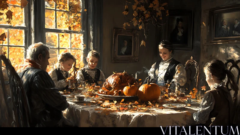 Autumn family banquet glows under golden window light.