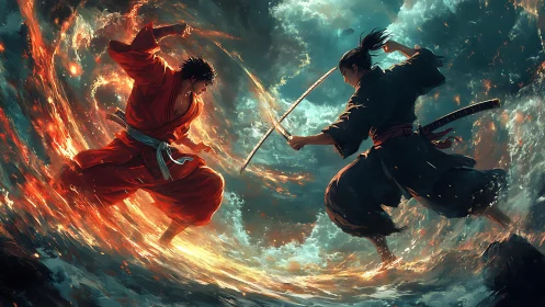 Elemental duel of opposing martial vectors in fluid vortex field.