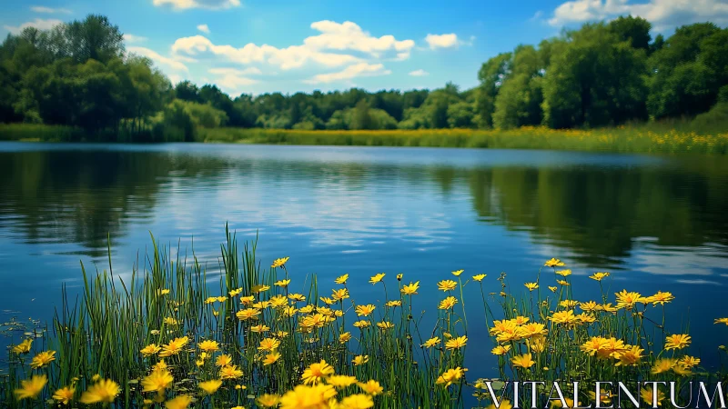 Sunlit lakeside blossoms leaning into a deep blue afternoon.