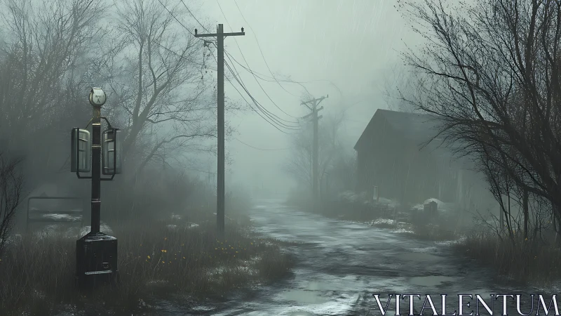 Deserted rural road under rain-soaked winter fog at dusk.