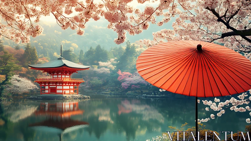 Lakeside Japanese pavilion with umbrella and cherry blossoms.