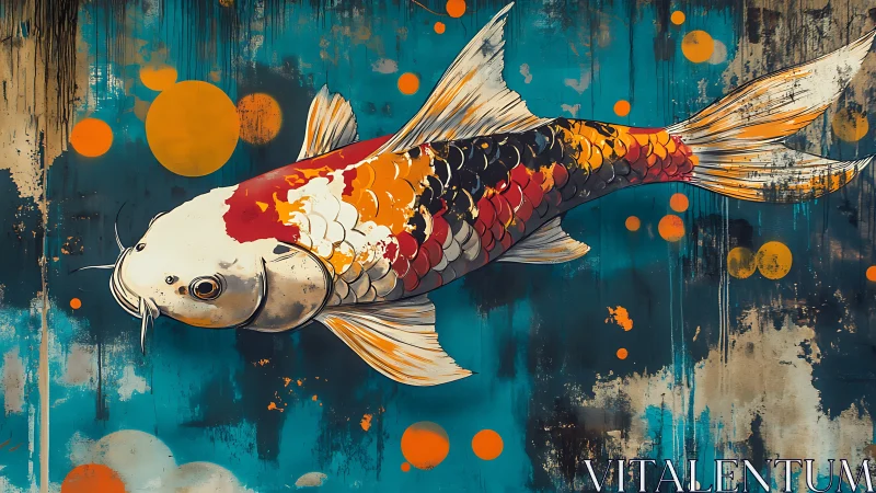 Multicolored koi fish against teal abstract background.