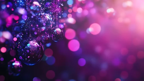 Specular glass spheres in shallow depth, neon bokeh gradient