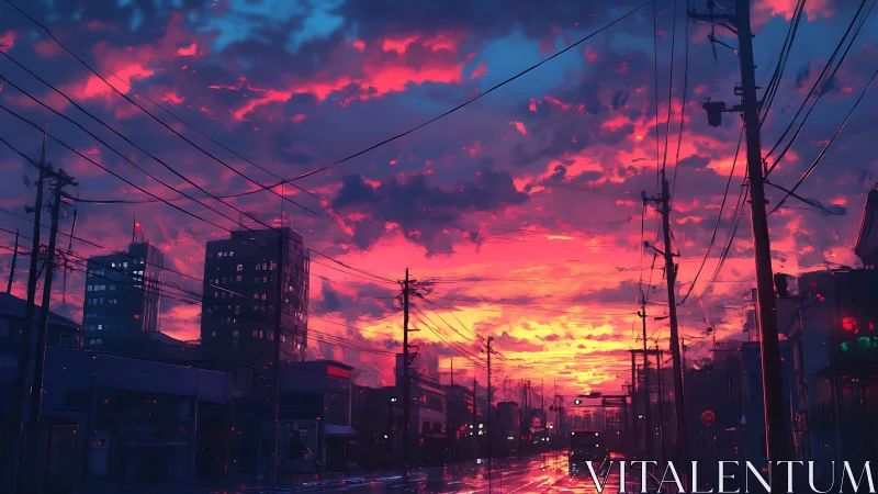 Neon sunset over quiet city street and power lines.