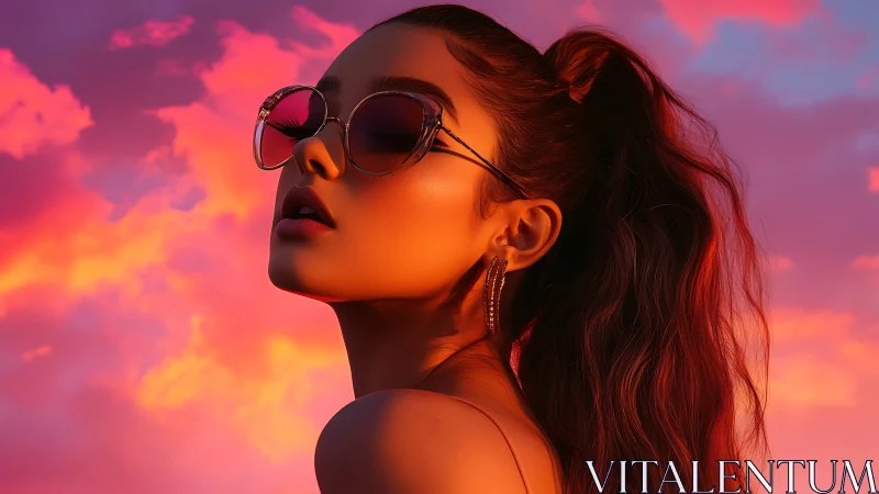 Sunlit profile portrait with reflective sunglasses and neon sky.