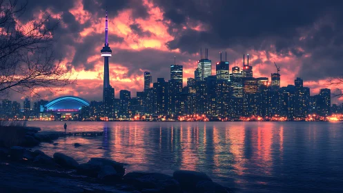 Toronto skyline glows under vivid sunset storm clouds