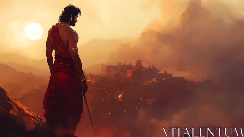 Sunlit warrior overlooking a misty ancient valley city.