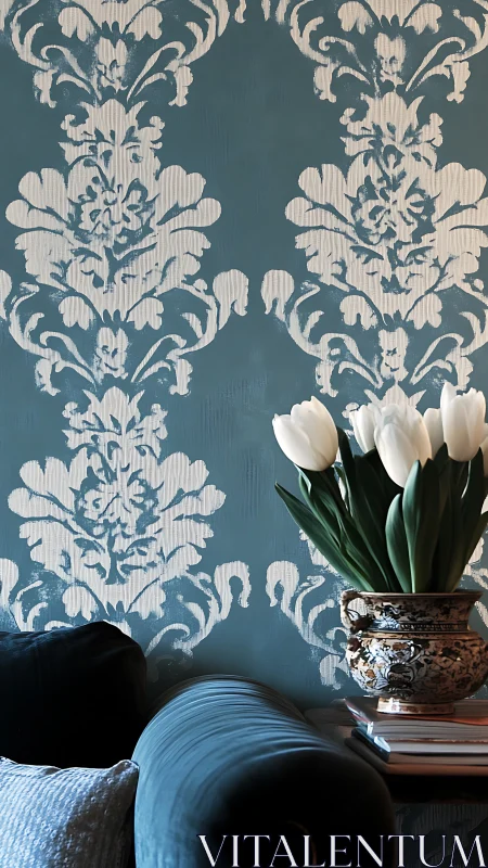 Soft tulips and blue damask wall create a calming corner