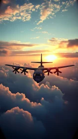 Quad-turboprop military transport crossing stratiform clouddeck.