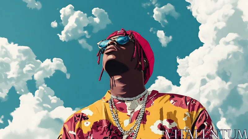 Stylized portrait of a streetwear figure beneath dramatic sky