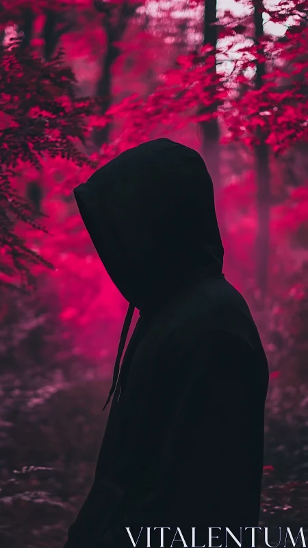 Hooded silhouette within neon magenta forest haze at dusk.