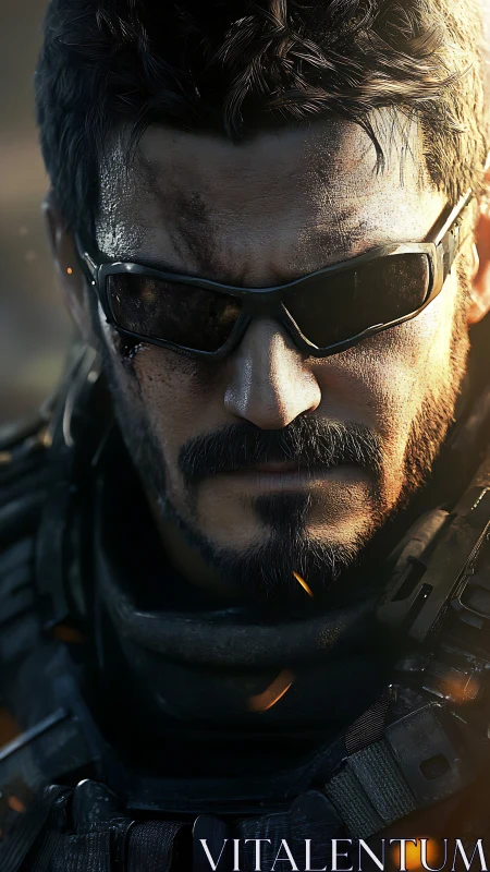 Tactical soldier portrait with combat gear and reflective shades.