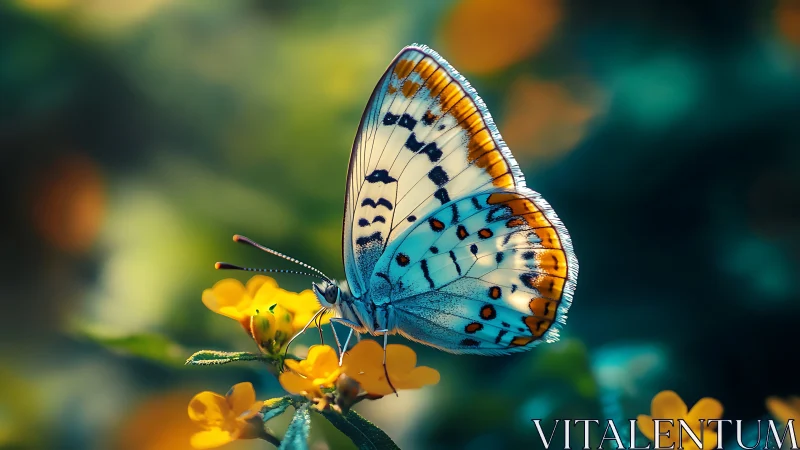 Gentle blue butterfly rests softly on glowing yellow blooms