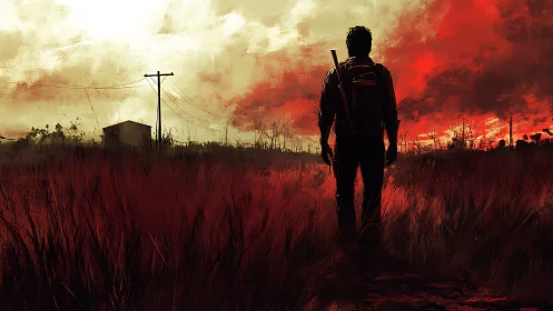 Solitary figure stands in red field beneath turbulent sky