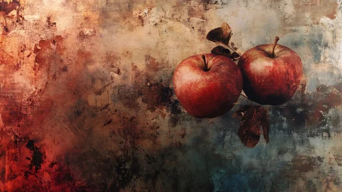 Suspended red apples contrast against abstract textured ground
