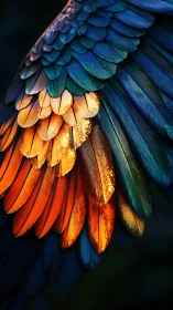 Iridescent parrot wing glows with layered rainbow feathers.