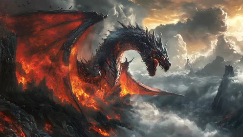 Infernal dragon coils through stormlit volcanic skies.