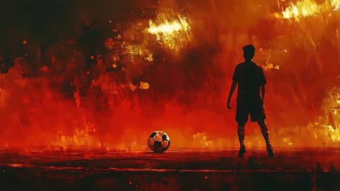 Silhouetted youth footballer before blazing abstract stadium sky