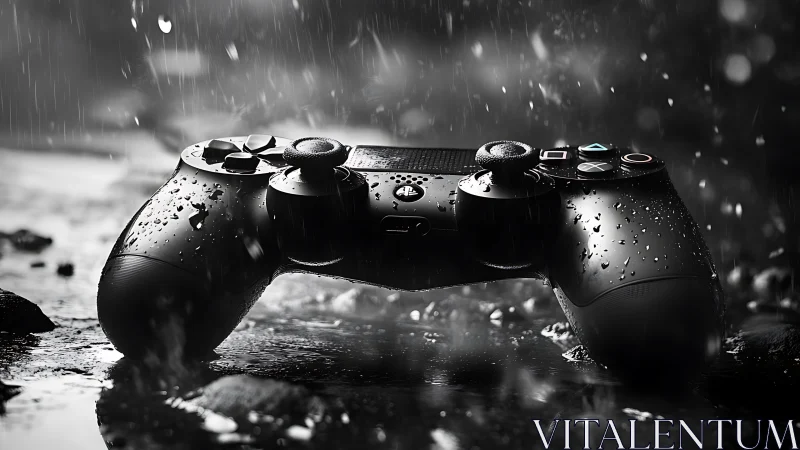 Game controller in cinematic rain with dramatic highlights.