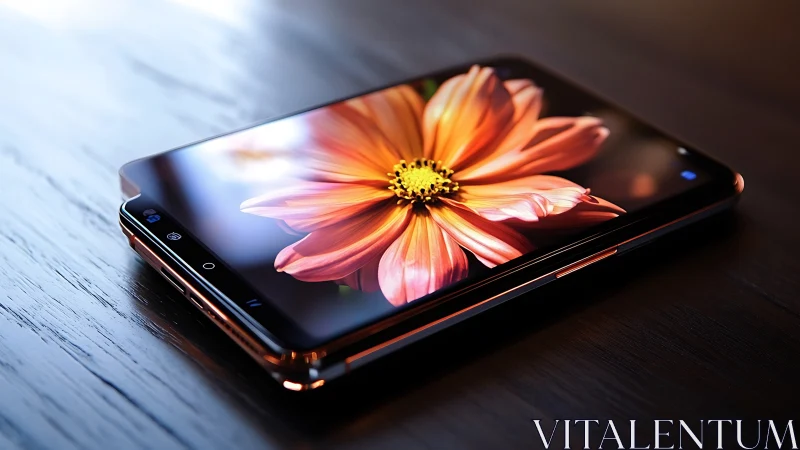 Luminous flower on a sleek smartphone screen at rest.