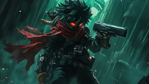 Cyberpunk vigilante gunslinger in neon rain corridor composition.