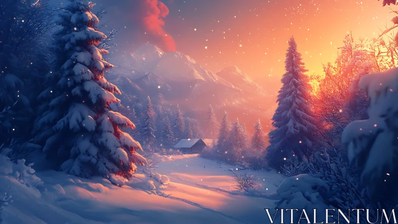 Snow-draped pines cradle sunrise over a hidden cabin