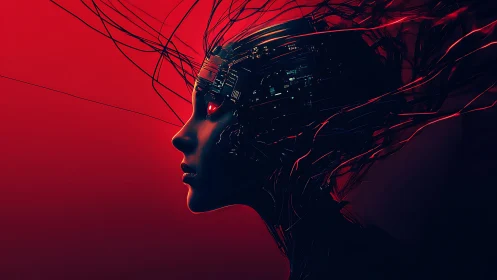 Cybernetic profile silhouette with glowing red interface.