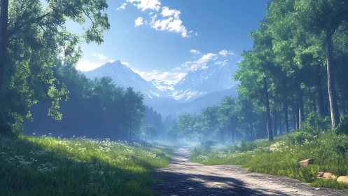 Alpine Valley Digital Landscape: Path Through Coniferous Forest